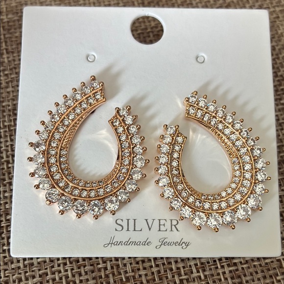 Elegant Gold Tone and Clear Rhinestone Crescent Earrings - Picture 1 of 3